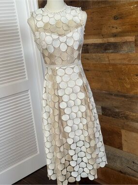 Shoshanna Glengarry Ivory Metallic Gold Circle Lace Midi Cocktail Dress